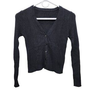 Womens Ribbed Black Cardigan Sweater V-Neck Midi Size XS
